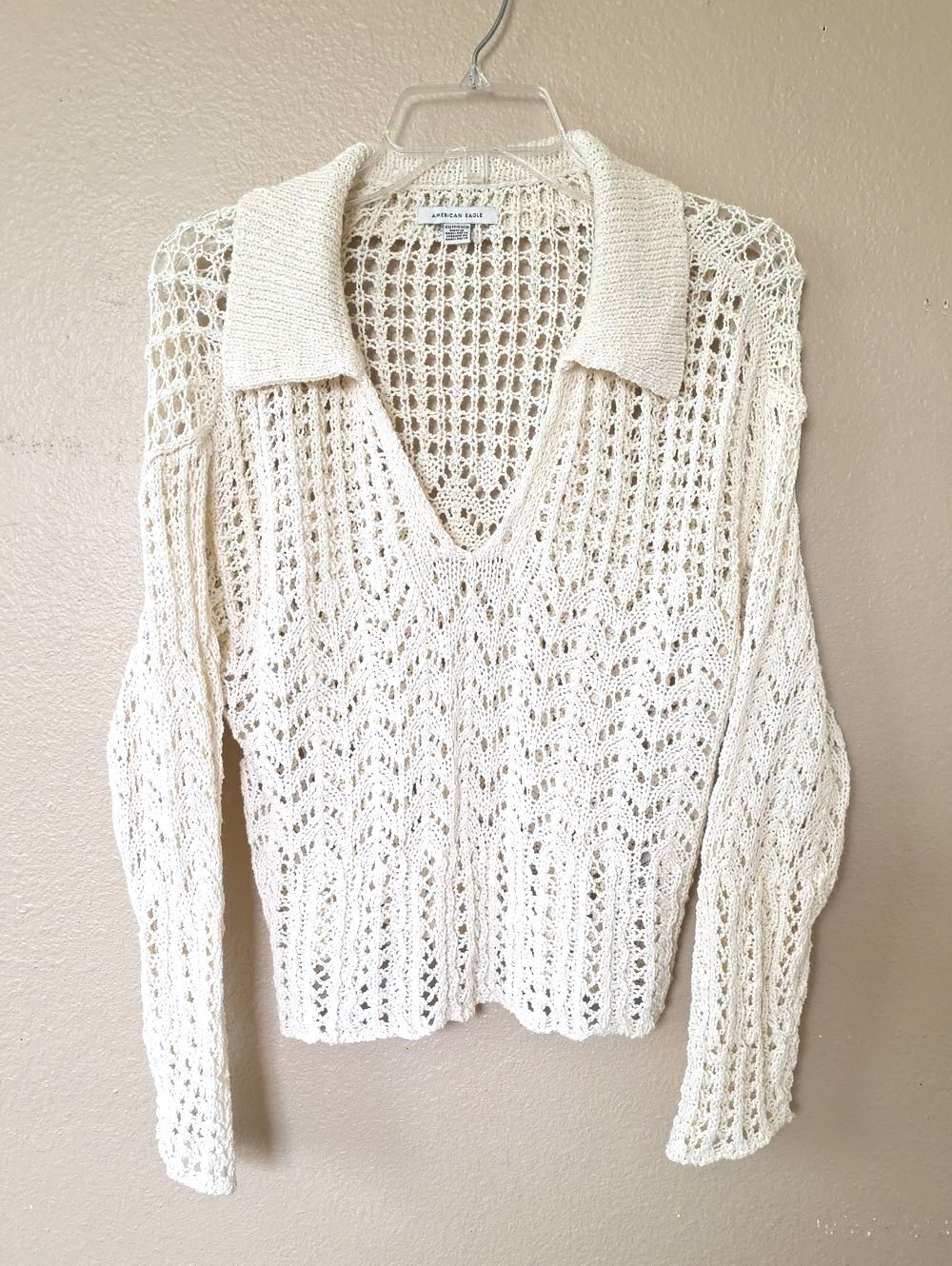 American Eagle Cream Crochet Collared Polo Sweater - Size XS